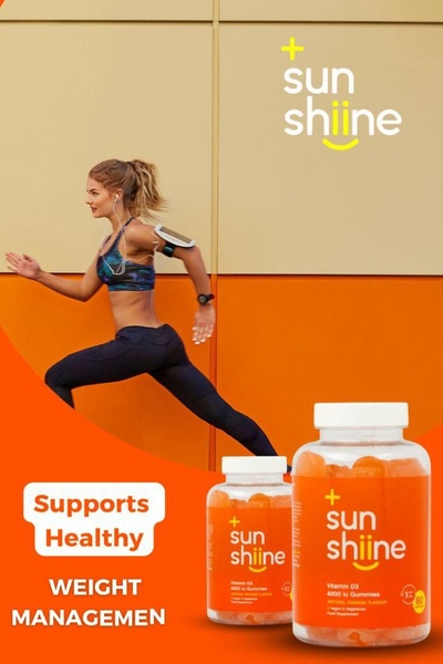 A split-screen creative featuring a woman jogging paired with a prominent vitamin supplement bottle to convey vitality and healthy weight management.